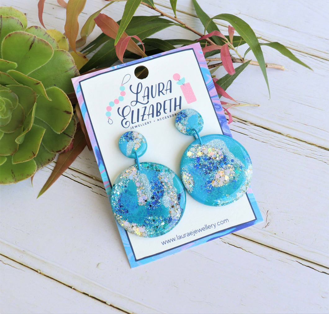 Marina Blue mega round Glitter Resin Dangle earrings