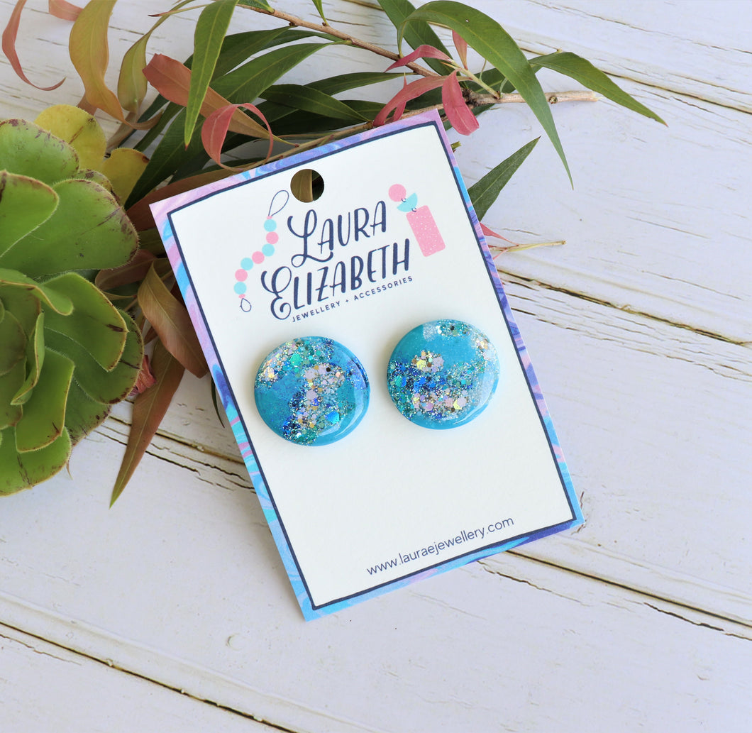 Marina Blue Glitter Resin mega stud earrings 25mm