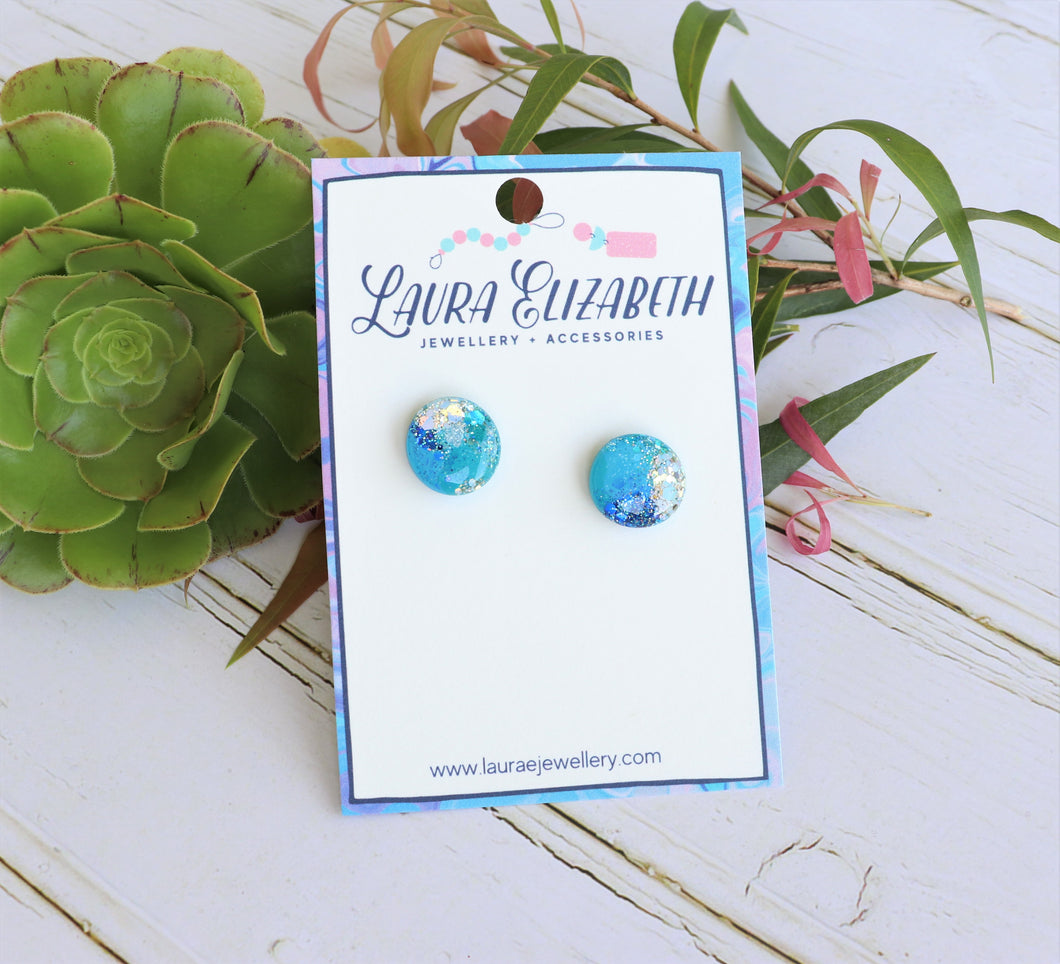 Marina Blue Glitter Resin stud earrings 15mm