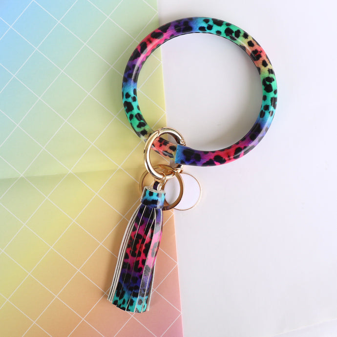 Leatherette hoop wrist key ring - rainbow leopard