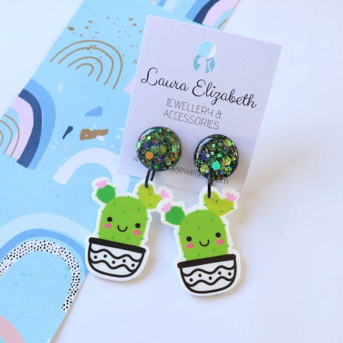 Happy Cactus 1 - Polymer Clay, Resin and Acrylic Earrings