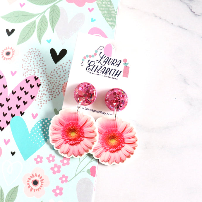 Pink Gerbera  daisies - Polymer Clay, Resin and Acrylic Earrings